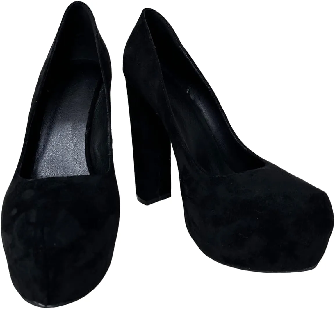 Frankie Hsu Sexy Chunky Block Suede Platform High Heeled Pumps, Classic Office Lady Fashion Style, Big Large Size Dressy Shoes for Women Men