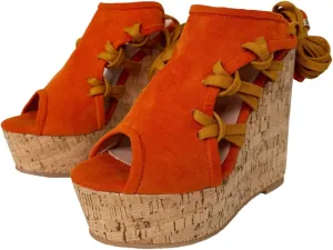 Frankie Hsu Sexy Platform Wedge Sandal, Stylish Orange Suede Knit Knot High heeled Oak Wood Thick Leg Lace Up Style, Fashion Large Big US4-19 Size Unisex Heeled Shoes For Women Men