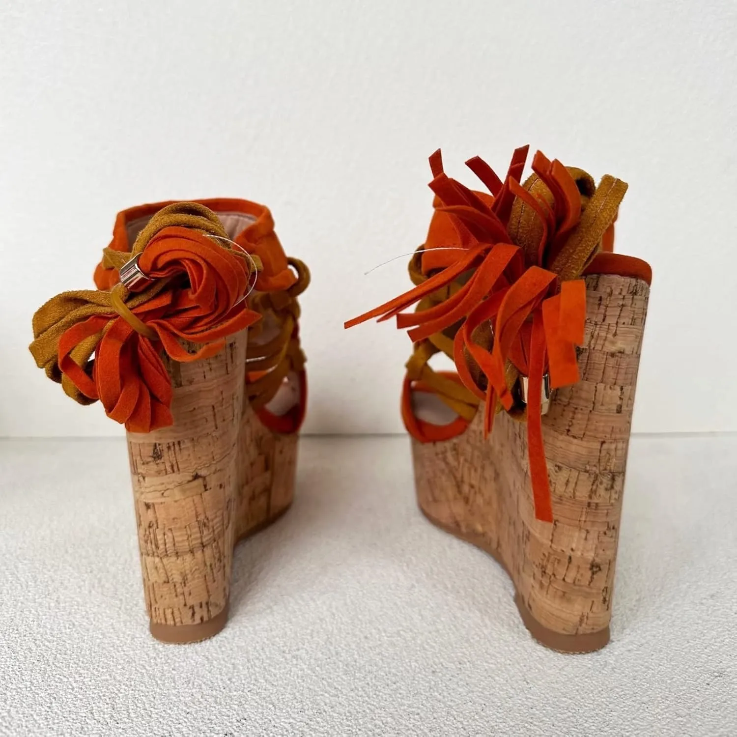 Frankie Hsu Sexy Platform Wedge Sandal, Stylish Orange Suede Knit Knot High heeled Oak Wood Thick Leg Lace Up Style, Fashion Large Big US4-19 Size Unisex Heeled Shoes For Women Men