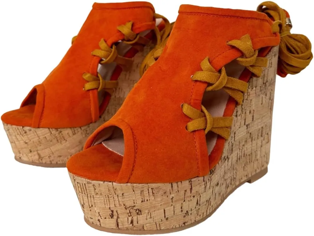 Frankie Hsu Sexy Platform Wedge Sandal, Stylish Orange Suede Knit Knot High heeled Oak Wood Thick Leg Lace Up Style, Fashion Large Big US4-19 Size Unisex Heeled Shoes For Women Men