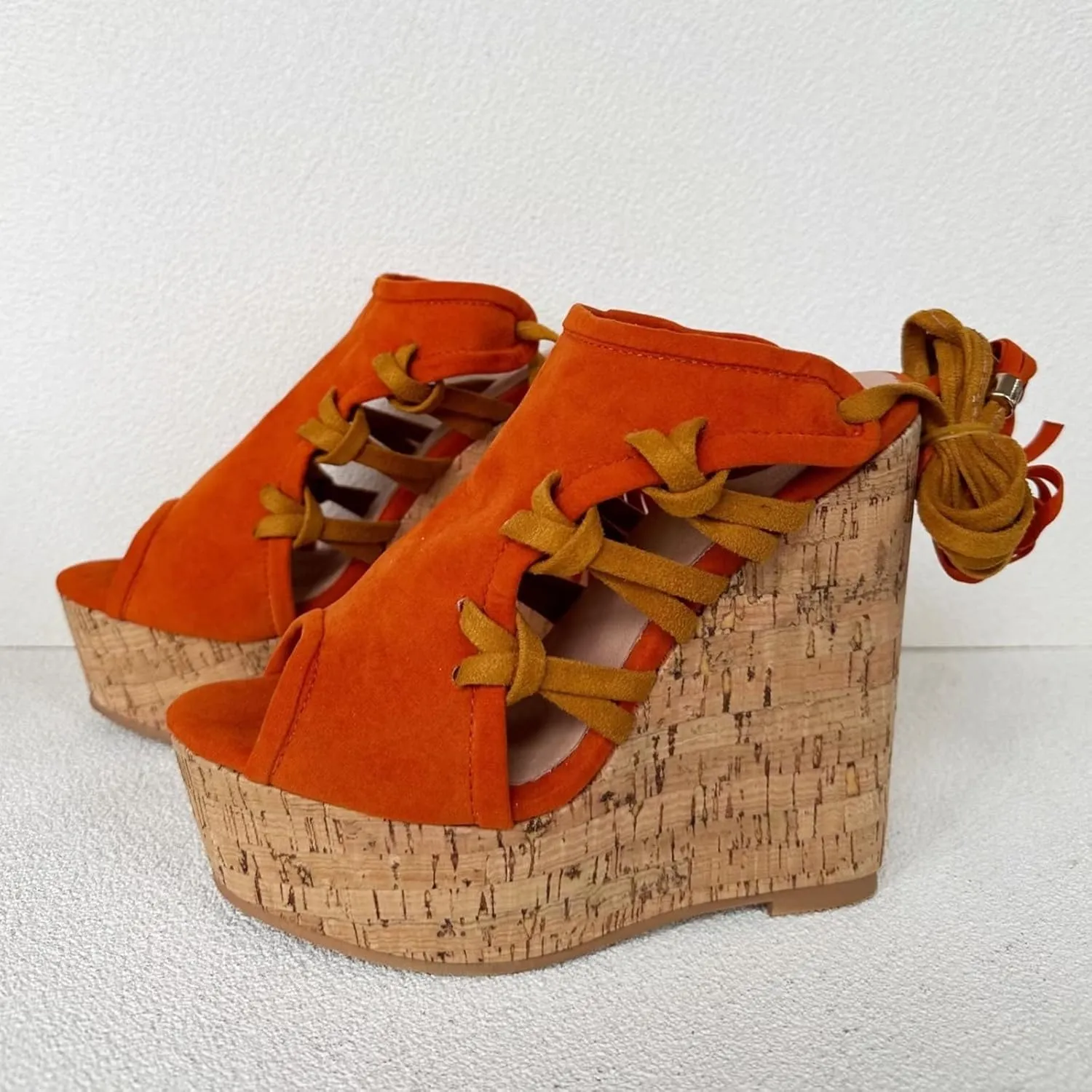 Frankie Hsu Sexy Platform Wedge Sandal, Stylish Orange Suede Knit Knot High heeled Oak Wood Thick Leg Lace Up Style, Fashion Large Big US4-19 Size Unisex Heeled Shoes For Women Men
