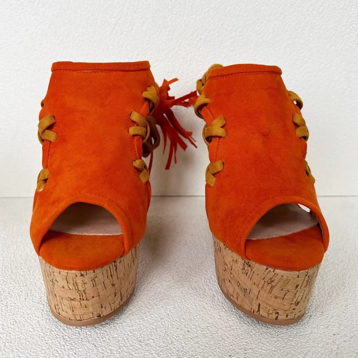 Frankie Hsu Sexy Platform Wedge Sandal, Stylish Orange Suede Knit Knot High heeled Oak Wood Thick Leg Lace Up Style, Fashion Large Big US4-19 Size Unisex Heeled Shoes For Women Men