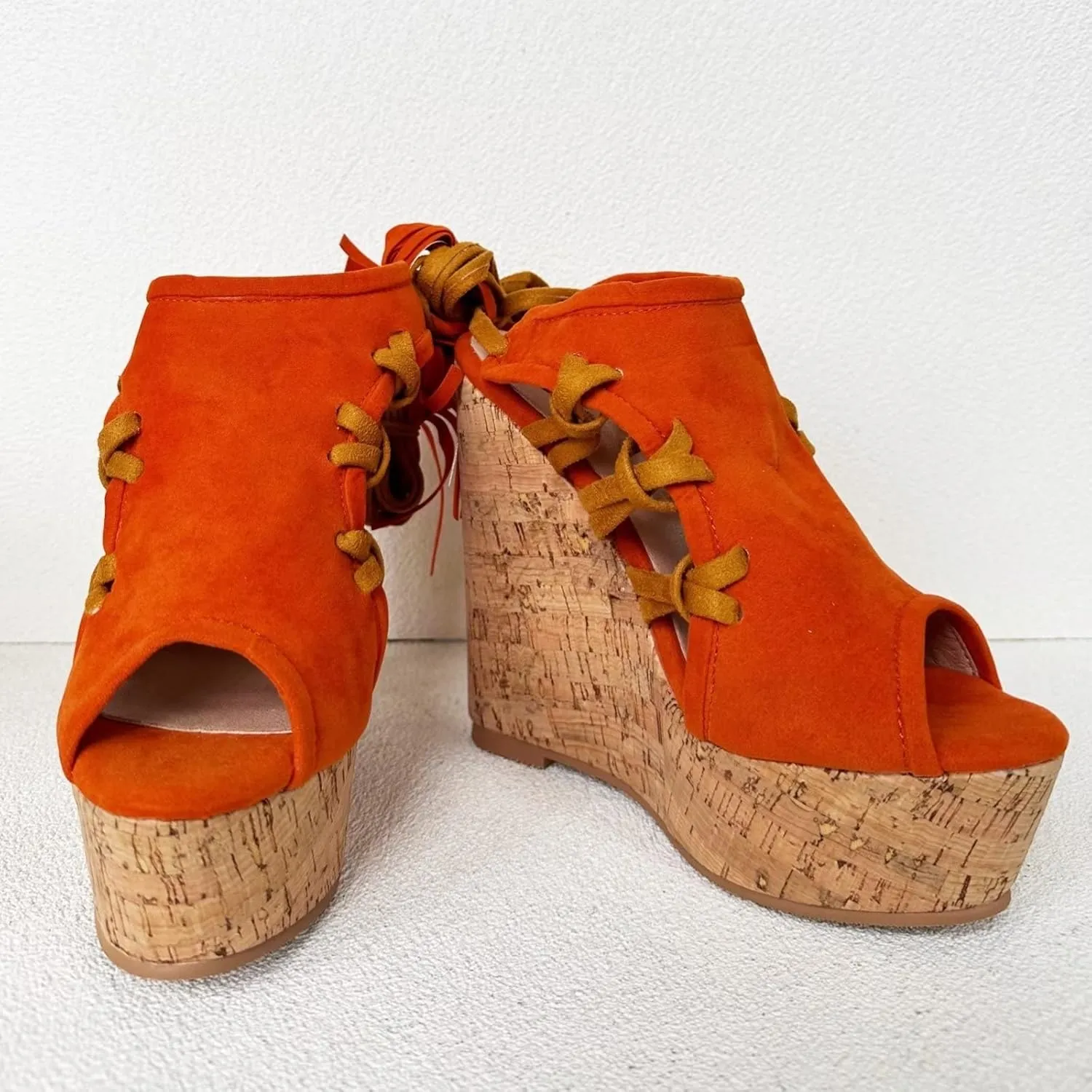 Frankie Hsu Sexy Platform Wedge Sandal, Stylish Orange Suede Knit Knot High heeled Oak Wood Thick Leg Lace Up Style, Fashion Large Big US4-19 Size Unisex Heeled Shoes For Women Men