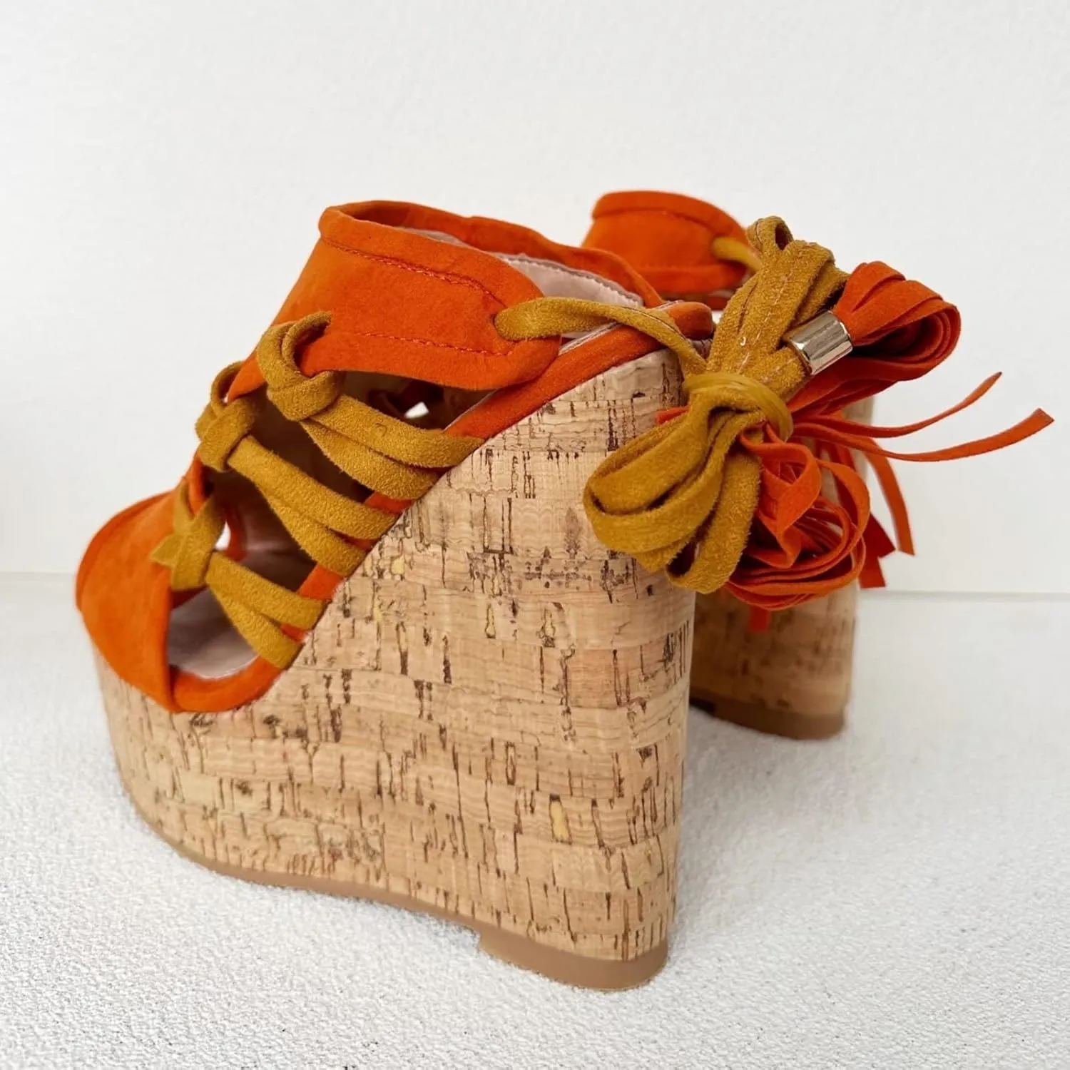 Frankie Hsu Sexy Platform Wedge Sandal, Stylish Orange Suede Knit Knot High heeled Oak Wood Thick Leg Lace Up Style, Fashion Large Big US4-19 Size Unisex Heeled Shoes For Women Men