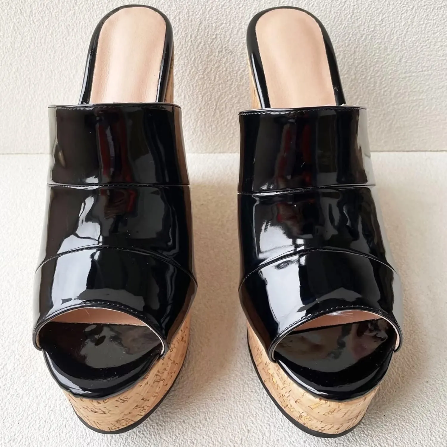 Frankie Hsu Sexy Slip On Platform Wedge Sandal, Stylish Black Faux Patent High heeled Oak Wood Thick Style, Designer Fashion Large Big Size Wide Strap Shoes For Women Men