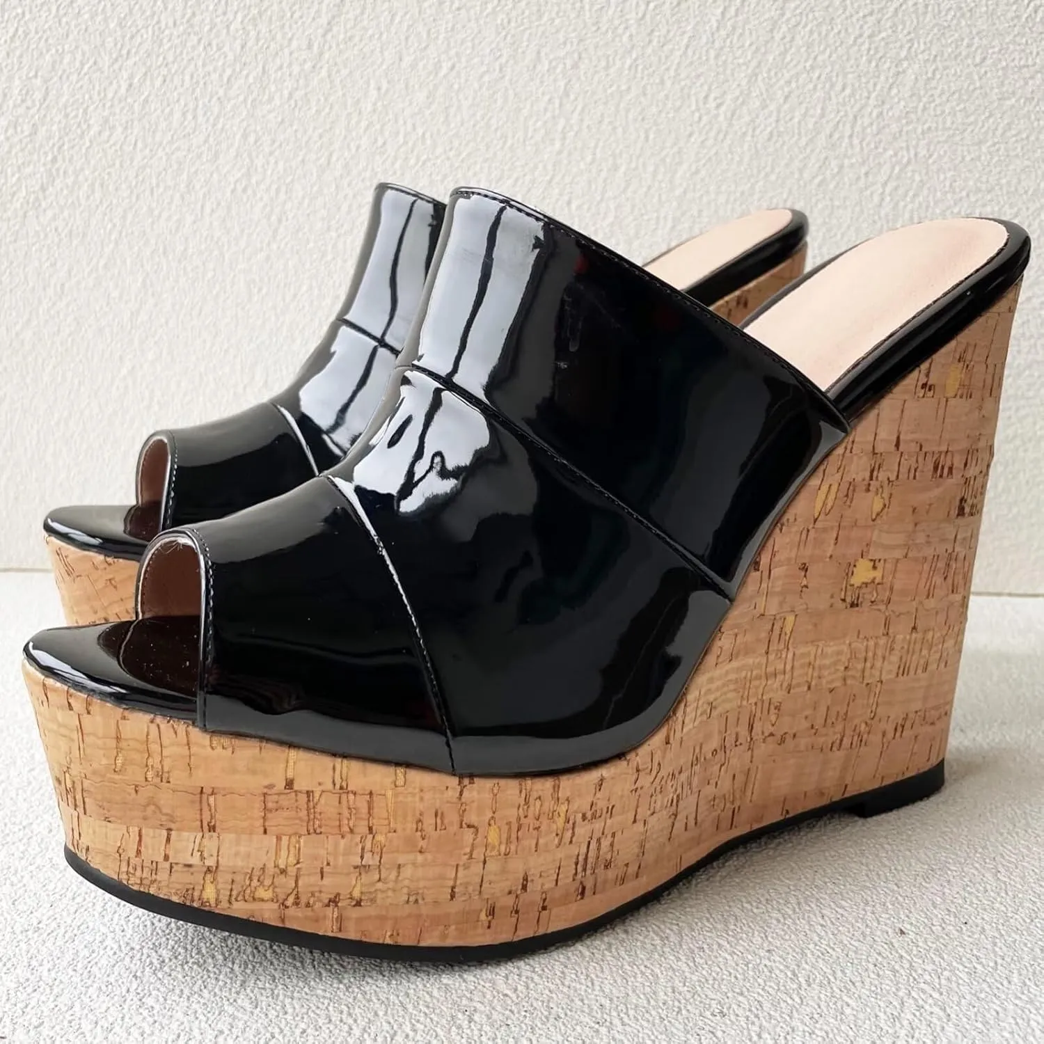 Frankie Hsu Sexy Slip On Platform Wedge Sandal, Stylish Black Faux Patent High heeled Oak Wood Thick Style, Designer Fashion Large Big Size Wide Strap Shoes For Women Men