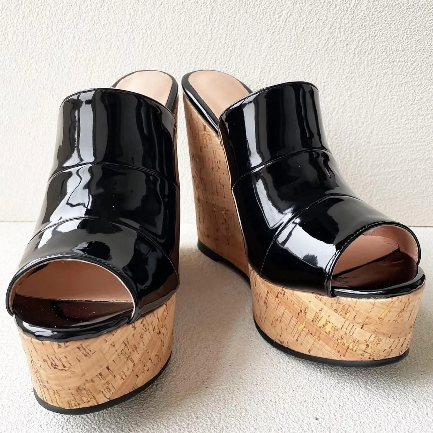 Frankie Hsu Sexy Slip On Platform Wedge Sandal, Stylish Black Faux Patent High heeled Oak Wood Thick Style, Designer Fashion Large Big Size Wide Strap Shoes For Women Men