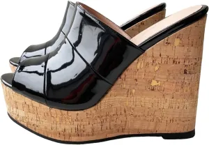 Frankie Hsu Sexy Slip On Platform Wedge Sandal, Stylish Black Faux Patent High heeled Oak Wood Thick Style, Designer Fashion Large Big Size Wide Strap Shoes For Women Men