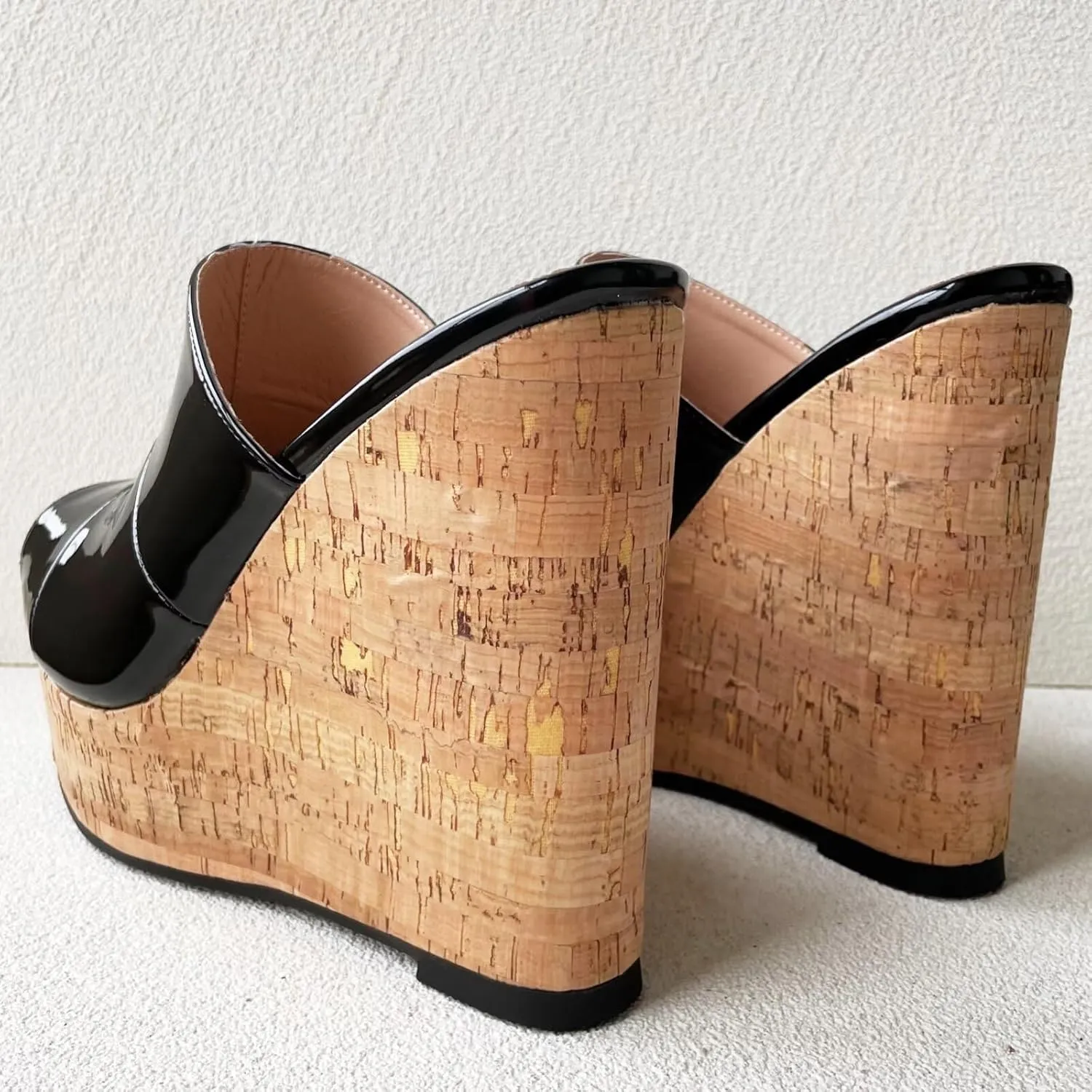 Frankie Hsu Sexy Slip On Platform Wedge Sandal, Stylish Black Faux Patent High heeled Oak Wood Thick Style, Designer Fashion Large Big Size Wide Strap Shoes For Women Men