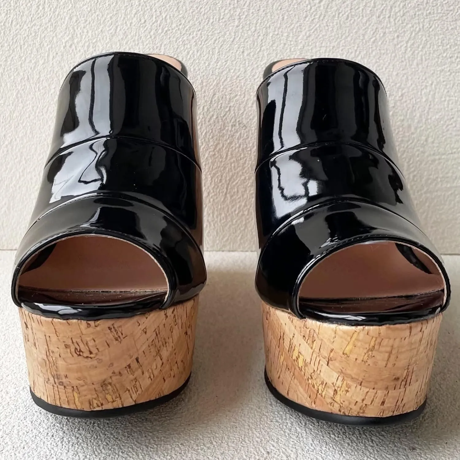 Frankie Hsu Sexy Slip On Platform Wedge Sandal, Stylish Black Faux Patent High heeled Oak Wood Thick Style, Designer Fashion Large Big Size Wide Strap Shoes For Women Men
