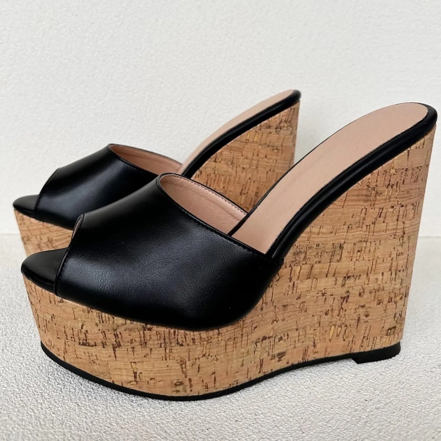 Frankie Hsu Sexy Slip On Platform Wedge Sandal, Stylish Black High heeled Oak Wood Thick Sandal, Fashion Large Big US4-19 Size Unisex Wide Strap Heeled Shoes For Women Men