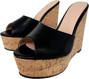Frankie Hsu Sexy Slip On Platform Wedge Sandal, Stylish Black High heeled Oak Wood Thick Sandal, Fashion Large Big US4-19 Size Unisex Wide Strap Heeled Shoes For Women Men