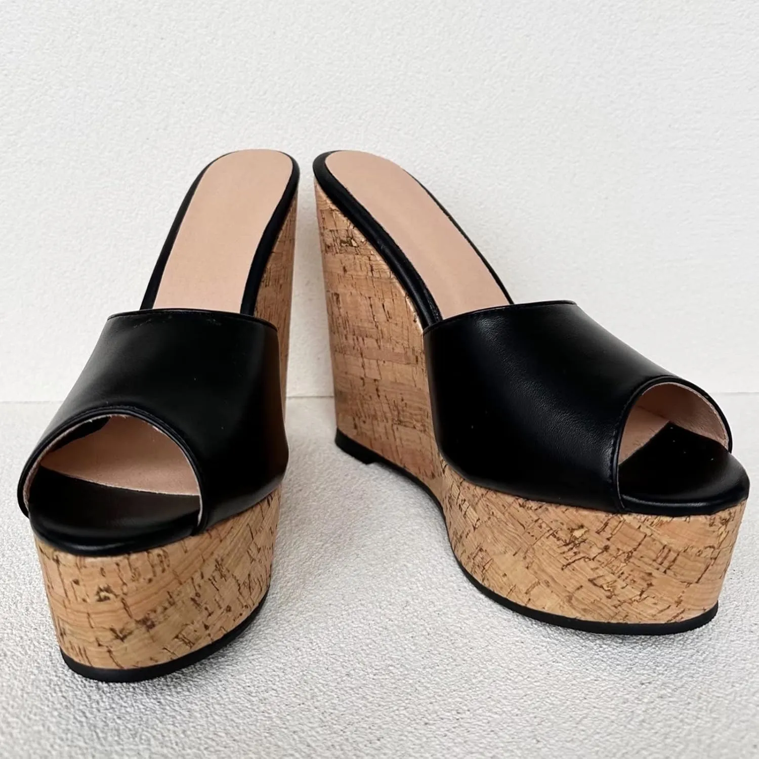 Frankie Hsu Sexy Slip On Platform Wedge Sandal, Stylish Black High heeled Oak Wood Thick Sandal, Fashion Large Big US4-19 Size Unisex Wide Strap Heeled Shoes For Women Men