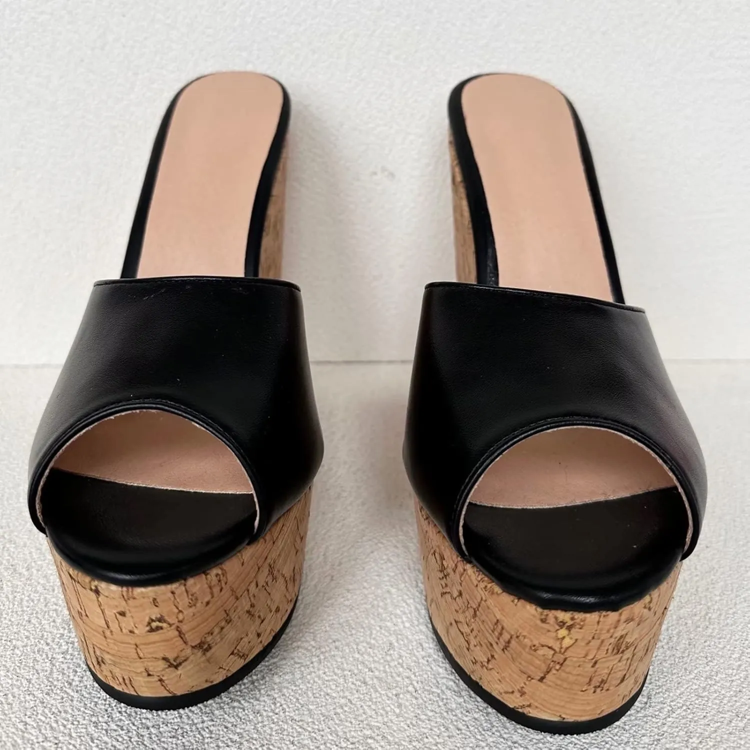 Frankie Hsu Sexy Slip On Platform Wedge Sandal, Stylish Black High heeled Oak Wood Thick Sandal, Fashion Large Big US4-19 Size Unisex Wide Strap Heeled Shoes For Women Men