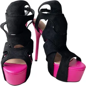 Frankie Hsu Sexy Stiletto Platform High Heeled Pumps Sandal, Classic Neon Pink Black Faux Suede Fashion Modern Style, Big Large Size Designer Fashion Hollow Shoes For Women US5-14