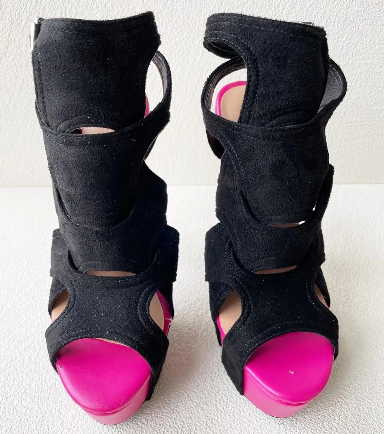 Frankie Hsu Sexy Stiletto Platform High Heeled Pumps Sandal, Classic Neon Pink Black Faux Suede Fashion Modern Style, Big Large Size Designer Fashion Hollow Shoes For Women US5-14