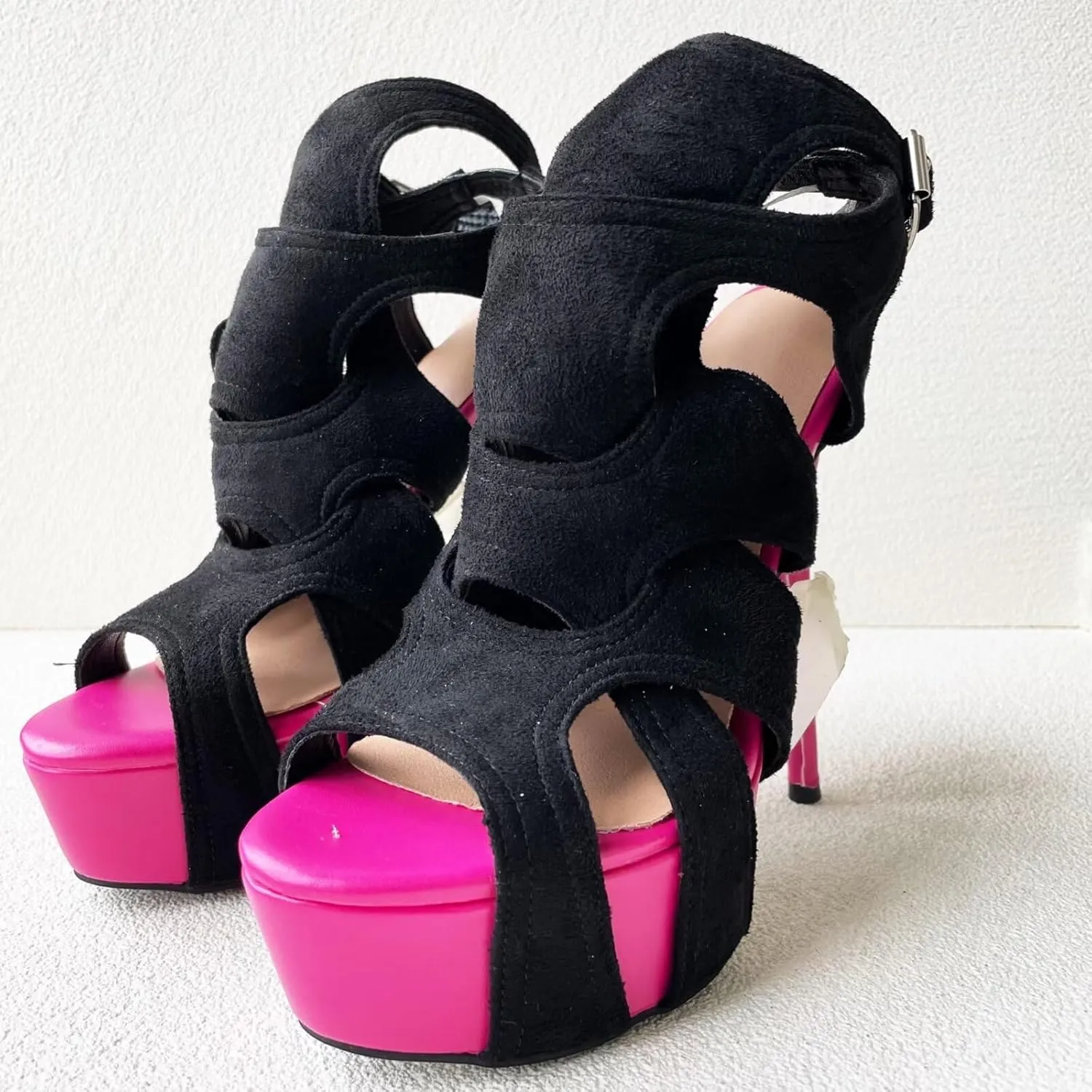 Frankie Hsu Sexy Stiletto Platform High Heeled Pumps Sandal, Classic Neon Pink Black Faux Suede Fashion Modern Style, Big Large Size Designer Fashion Hollow Shoes For Women US5-14
