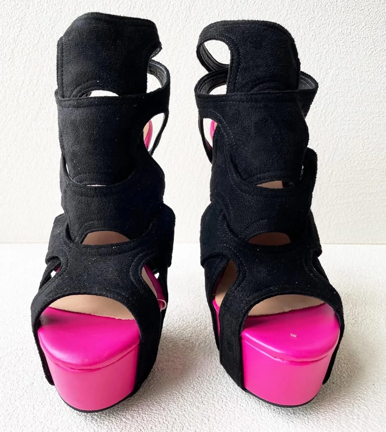 Frankie Hsu Sexy Stiletto Platform High Heeled Pumps Sandal, Classic Neon Pink Black Faux Suede Fashion Modern Style, Big Large Size Designer Fashion Hollow Shoes For Women US5-14