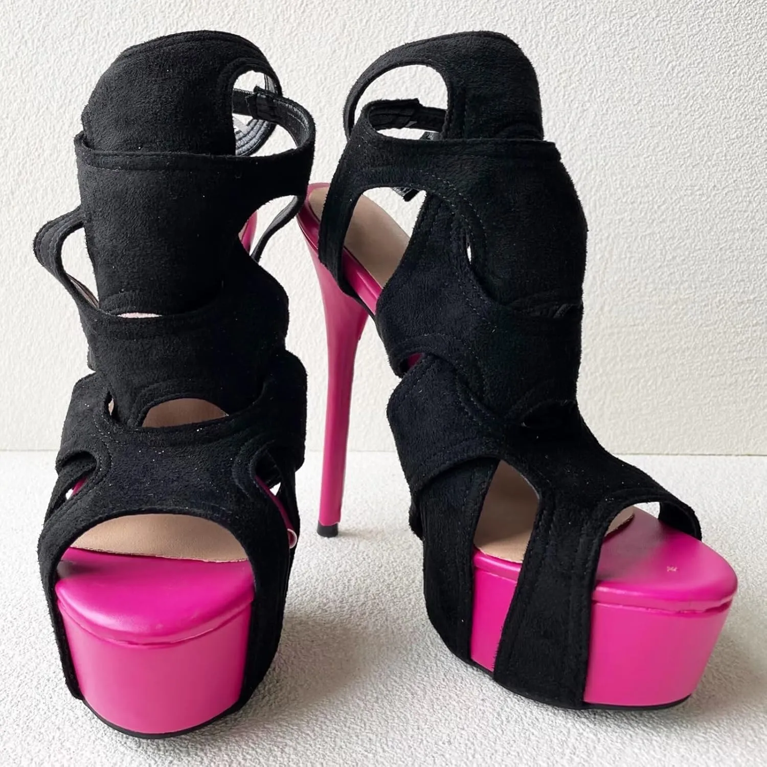 Frankie Hsu Sexy Stiletto Platform High Heeled Pumps Sandal, Classic Neon Pink Black Faux Suede Fashion Modern Style, Big Large Size Designer Fashion Hollow Shoes For Women US5-14