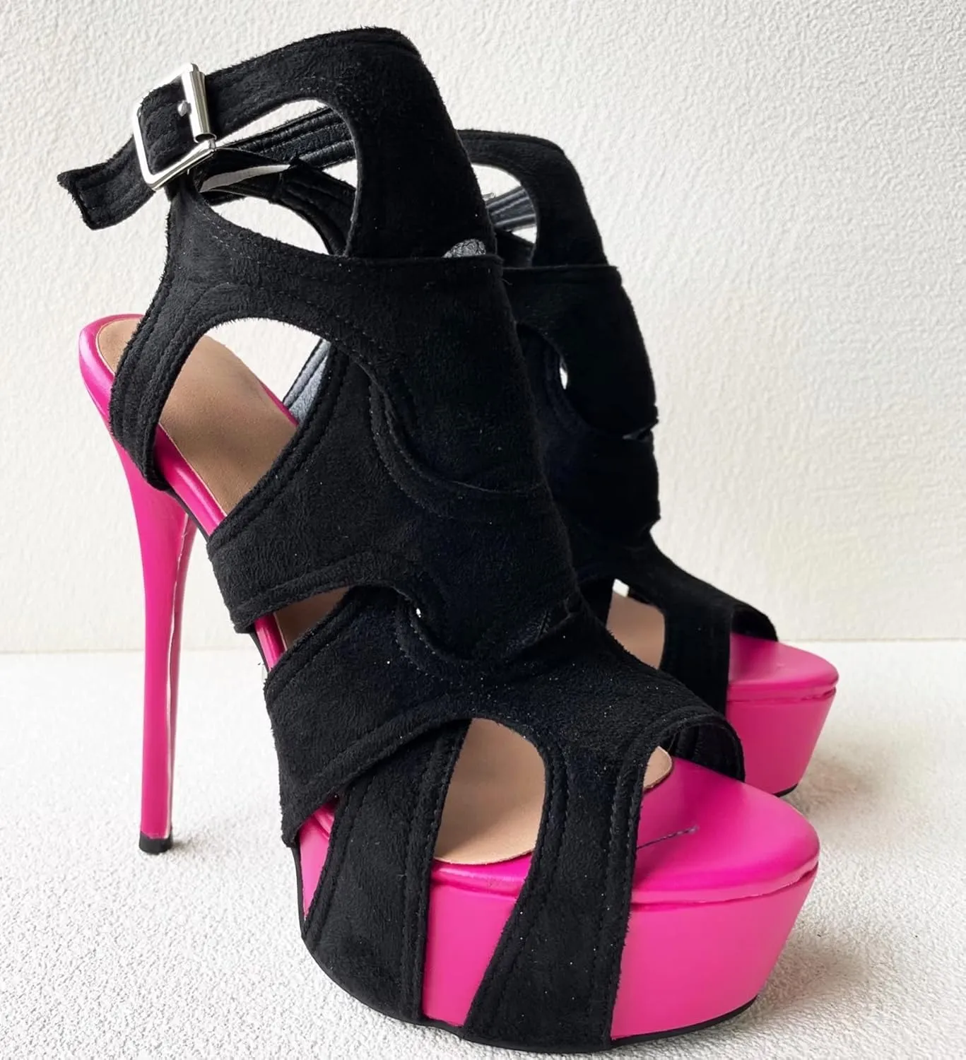 Frankie Hsu Sexy Stiletto Platform High Heeled Pumps Sandal, Classic Neon Pink Black Faux Suede Fashion Modern Style, Big Large Size Designer Fashion Hollow Shoes For Women US5-14
