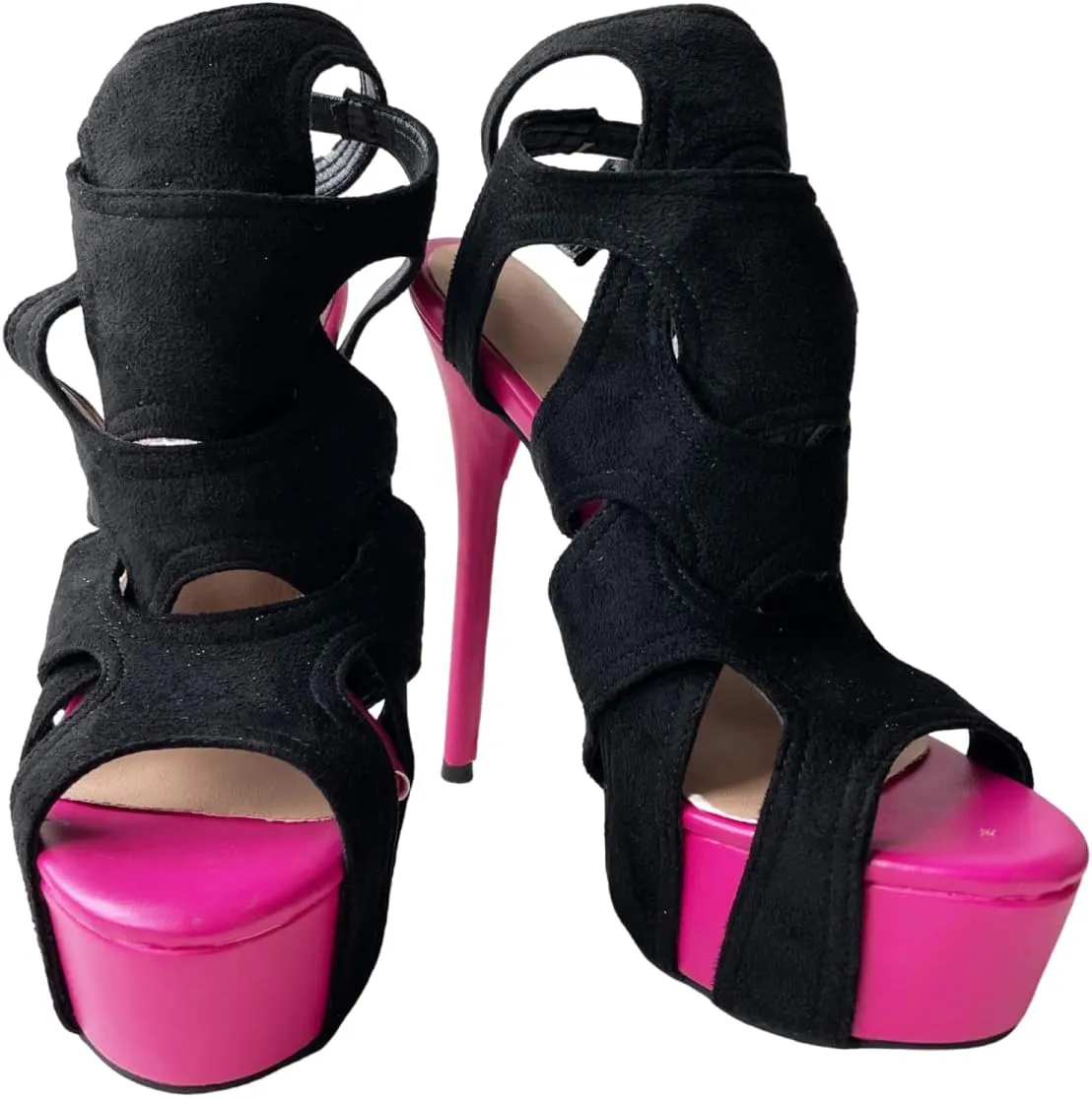 Frankie Hsu Sexy Stiletto Platform High Heeled Pumps Sandal, Classic Neon Pink Black Faux Suede Fashion Modern Style, Big Large Size Designer Fashion Hollow Shoes For Women US5-14