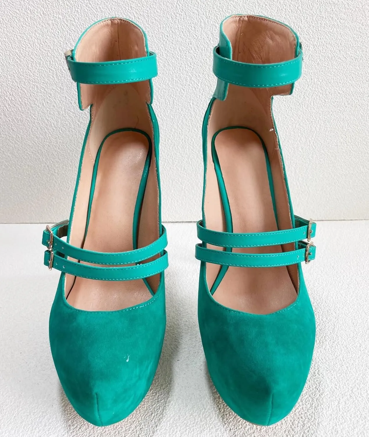 Frankie Hsu Sexy Stiletto Platform High Heeled Pumps Sandal, Classic Teal Blue Faux Suede Gold Buckle Strap Fashion Unique Modern Style, Big Size Designer Shoes For Women