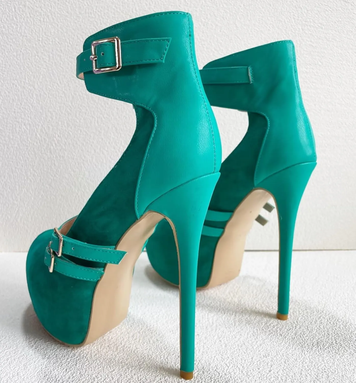 Frankie Hsu Sexy Stiletto Platform High Heeled Pumps Sandal, Classic Teal Blue Faux Suede Gold Buckle Strap Fashion Unique Modern Style, Big Size Designer Shoes For Women