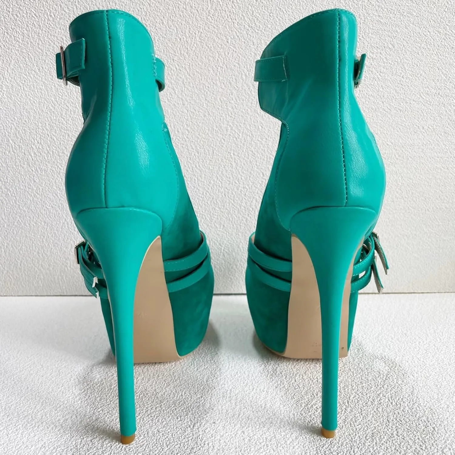 Frankie Hsu Sexy Stiletto Platform High Heeled Pumps Sandal, Classic Teal Blue Faux Suede Gold Buckle Strap Fashion Unique Modern Style, Big Size Designer Shoes For Women