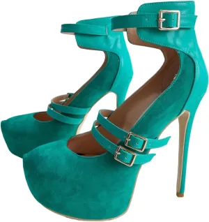 Frankie Hsu Sexy Stiletto Platform High Heeled Pumps Sandal, Classic Teal Blue Faux Suede Gold Buckle Strap Fashion Unique Modern Style, Big Size Designer Shoes For Women