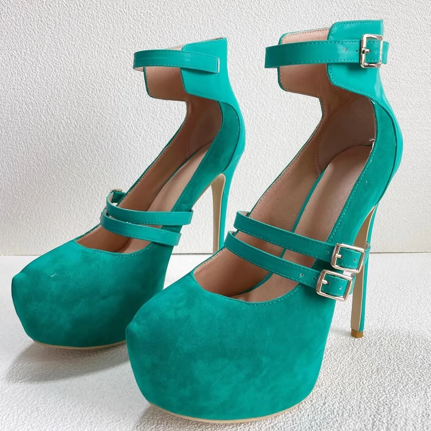 Frankie Hsu Sexy Stiletto Platform High Heeled Pumps Sandal, Classic Teal Blue Faux Suede Gold Buckle Strap Fashion Unique Modern Style, Big Size Designer Shoes For Women