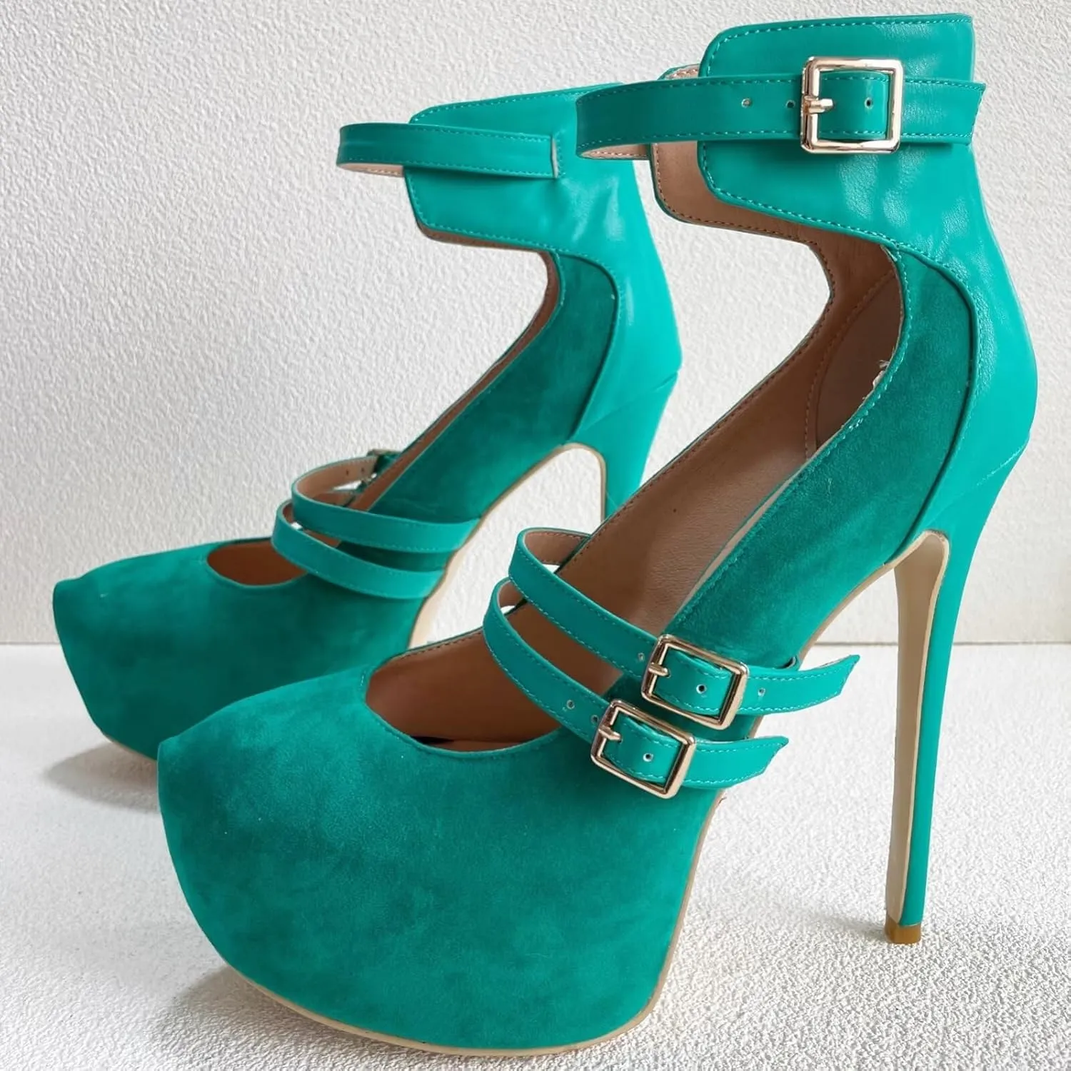 Frankie Hsu Sexy Stiletto Platform High Heeled Pumps Sandal, Classic Teal Blue Faux Suede Gold Buckle Strap Fashion Unique Modern Style, Big Size Designer Shoes For Women