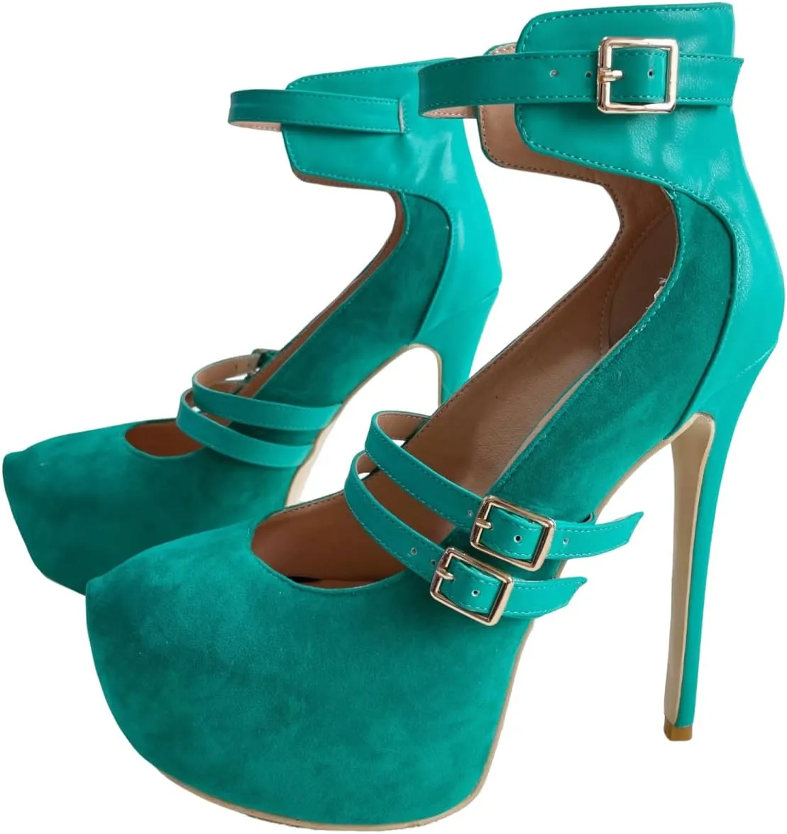 Frankie Hsu Sexy Stiletto Platform High Heeled Pumps Sandal, Classic Teal Blue Faux Suede Gold Buckle Strap Fashion Unique Modern Style, Big Size Designer Shoes For Women