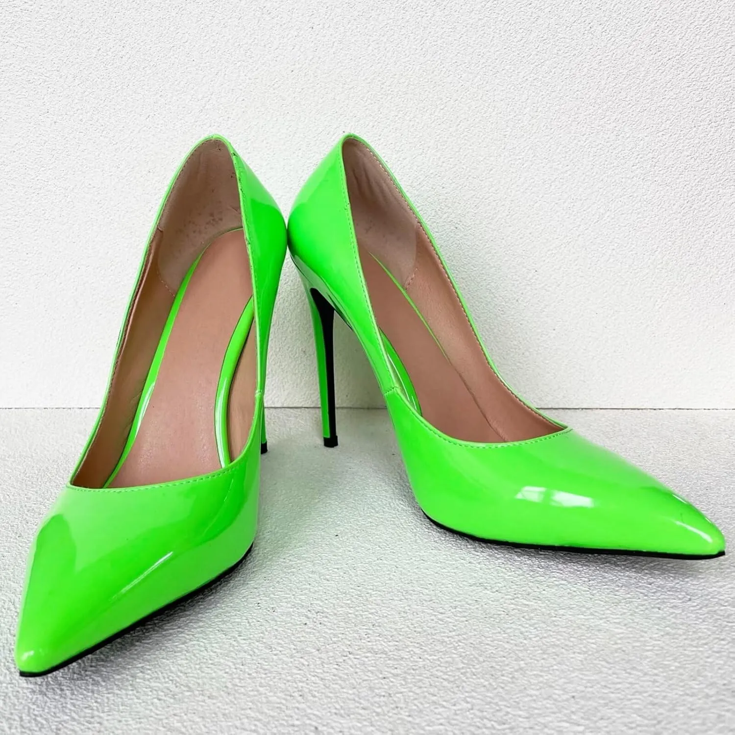 Frankie Hsu Sexy Women Neon Green Patent Stiletto High Heeled Pumps, Fluorescent Fashion Slip On Shoe, Big Large Size Designer Spike Pumps for Women Men