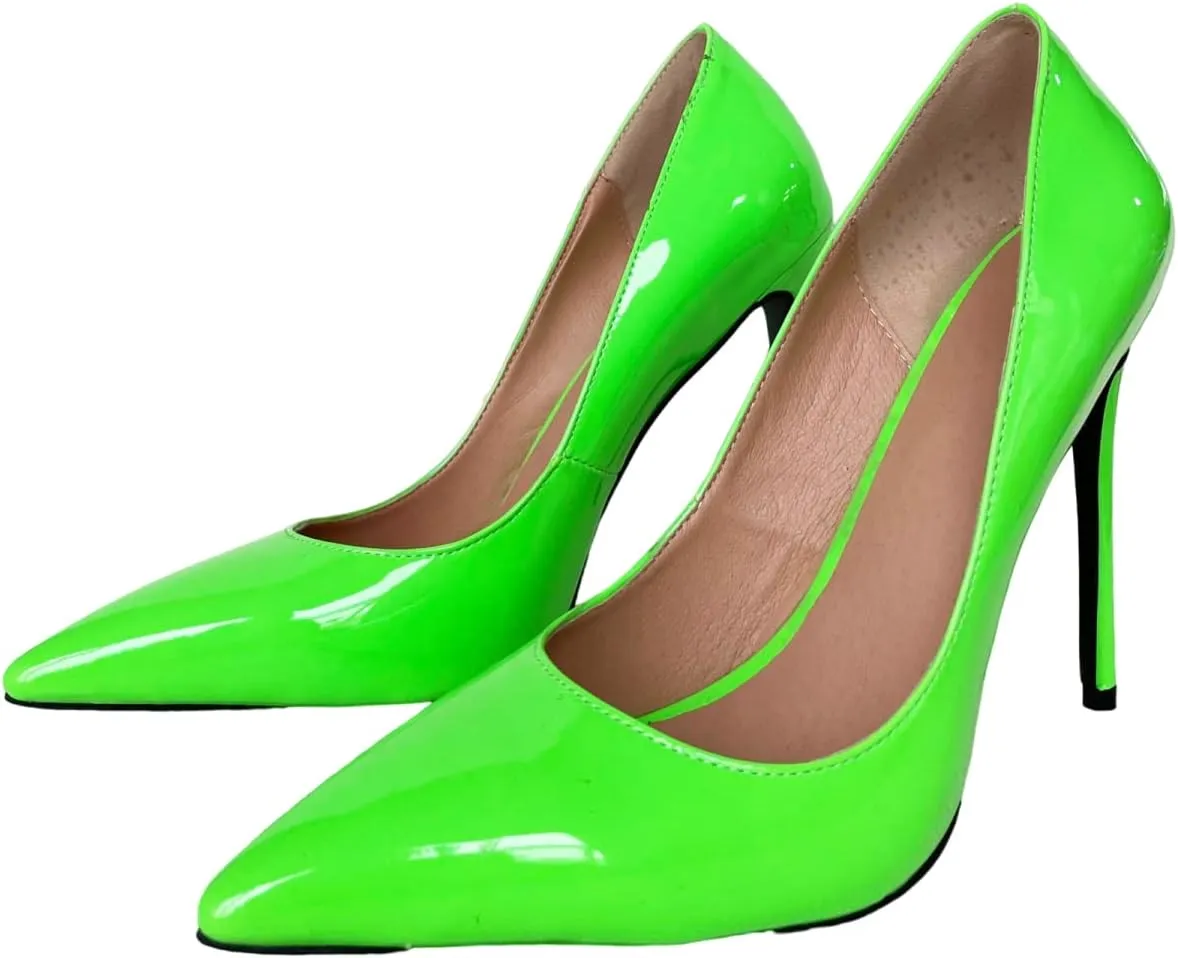 Frankie Hsu Sexy Women Neon Green Patent Stiletto High Heeled Pumps, Fluorescent Fashion Slip On Shoe, Big Large Size Designer Spike Pumps for Women Men