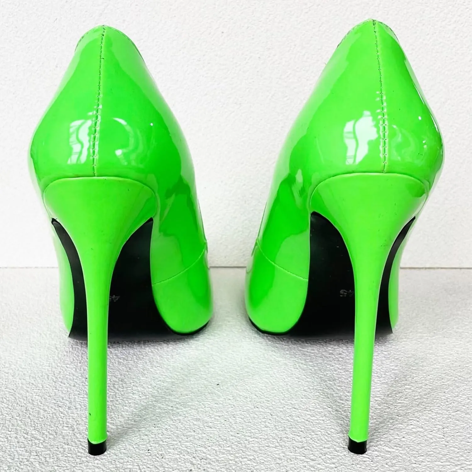 Frankie Hsu Sexy Women Neon Green Patent Stiletto High Heeled Pumps, Fluorescent Fashion Slip On Shoe, Big Large Size Designer Spike Pumps for Women Men