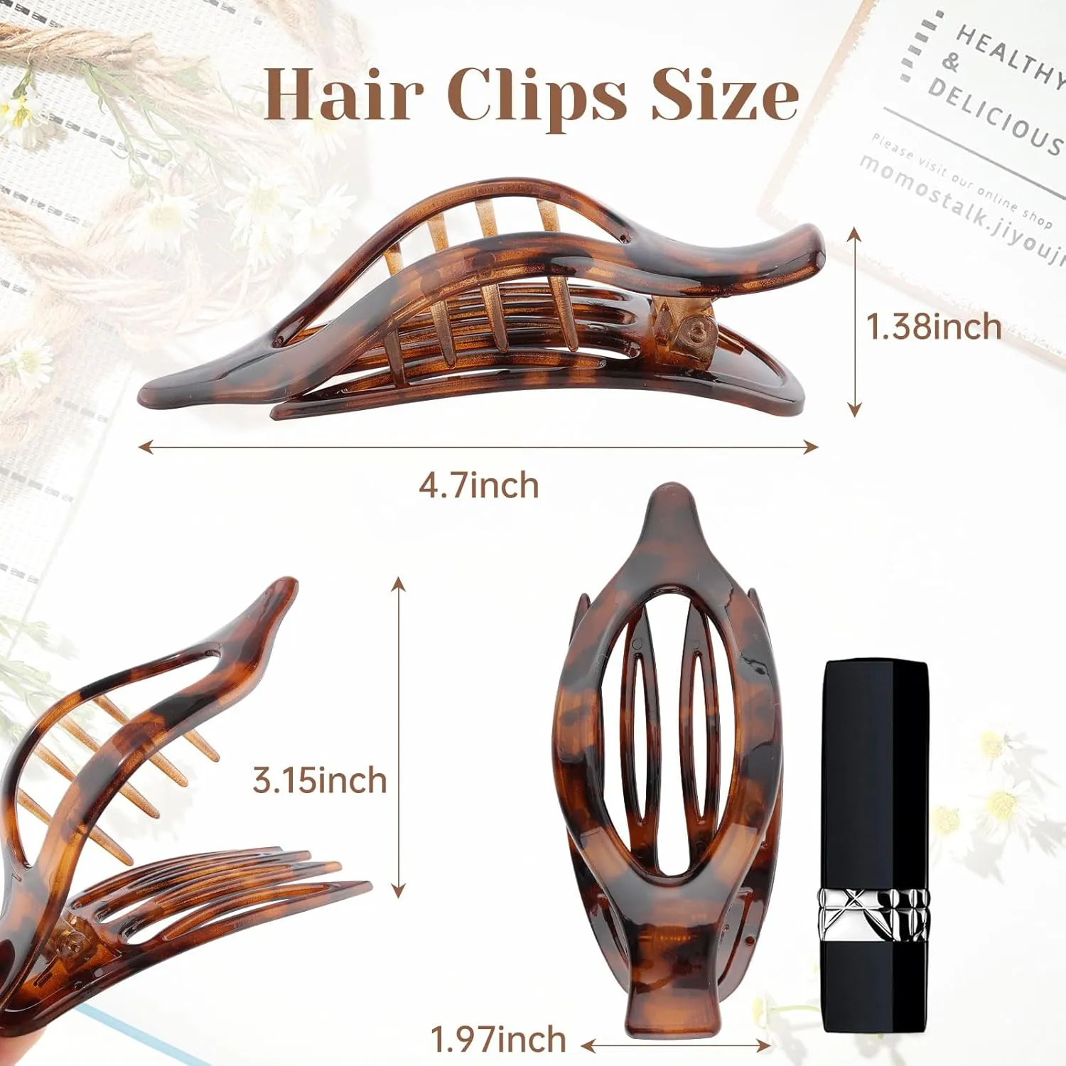 French Concord Hair Clips Claw - 6Pcs Side Slid Flat Hair Clips for Volume Strong Hold No Slip Grip Hair Claw Clips for Women Girls Thick Thin Hair (Leopard pattern)