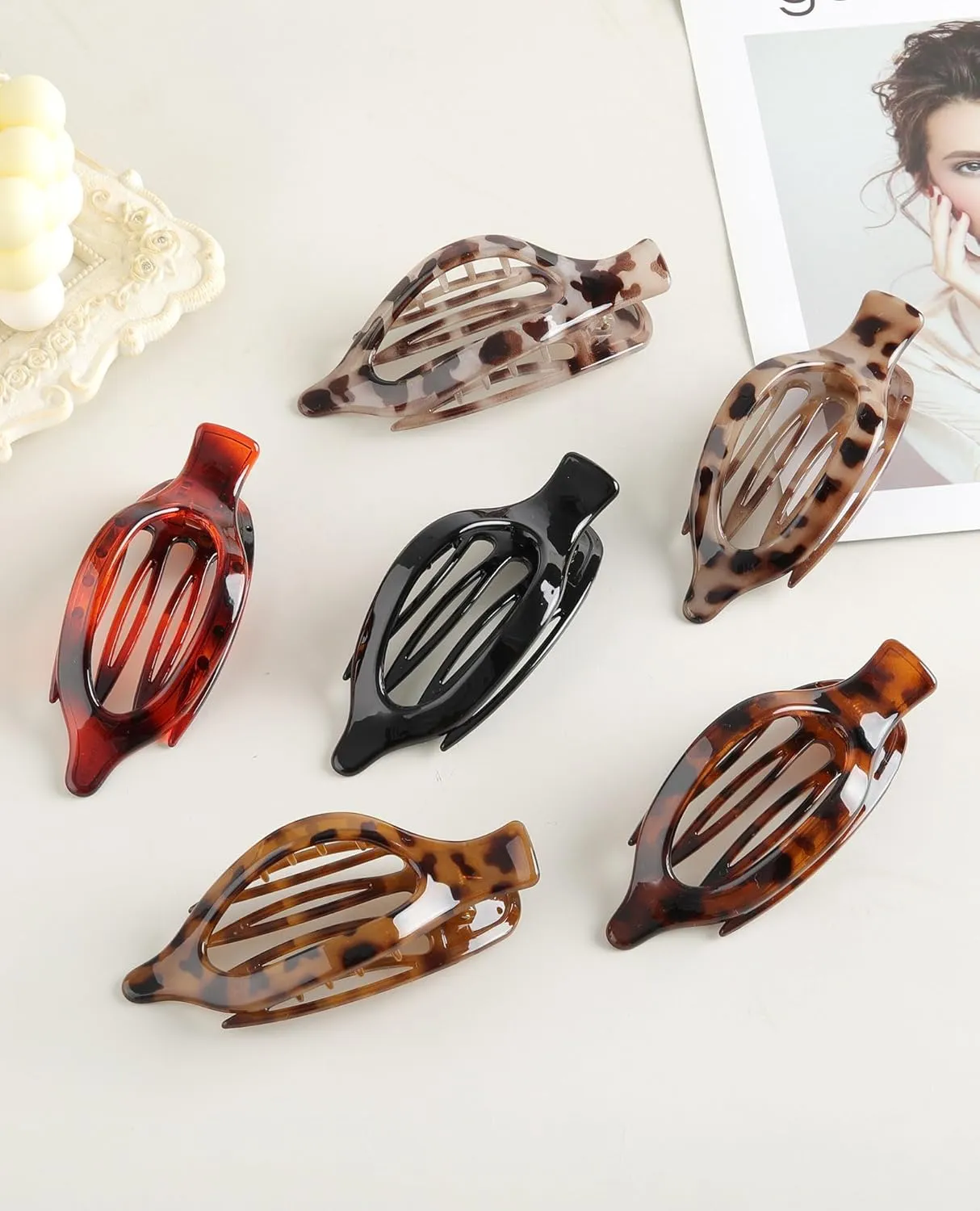 French Concord Hair Clips Claw - 6Pcs Side Slid Flat Hair Clips for Volume Strong Hold No Slip Grip Hair Claw Clips for Women Girls Thick Thin Hair (Leopard pattern)