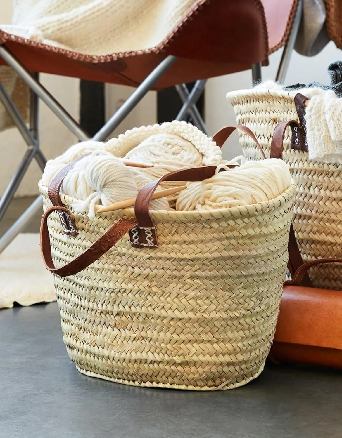 FRENCH MARKET BASKET with double flat leather handles, straw bag, beach bag, basket bag, shopping basket,with handle (Large, Dark Brown)