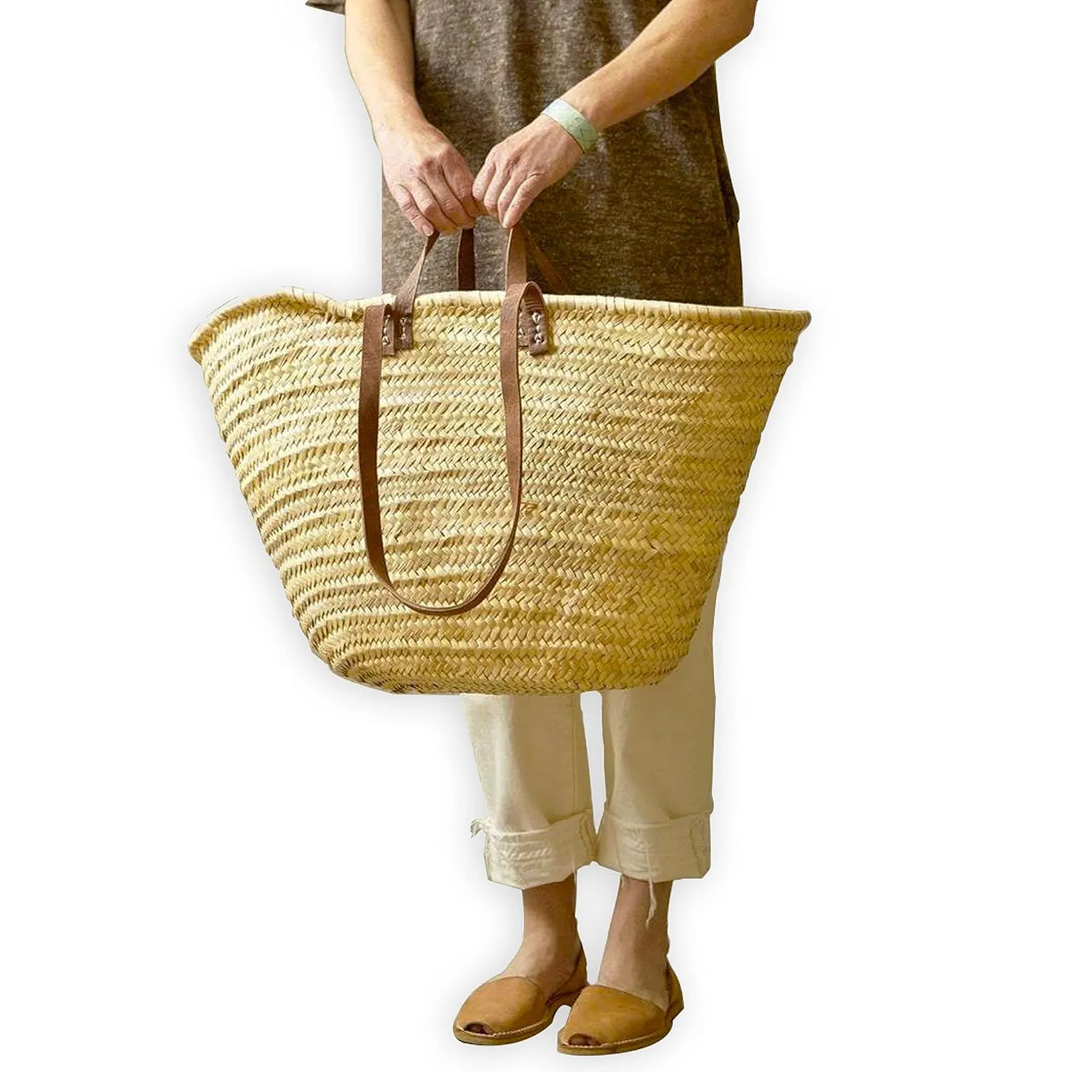 FRENCH MARKET BASKET with double flat leather handles, straw bag, beach bag, basket bag, shopping basket,with handle (Large, Dark Brown)
