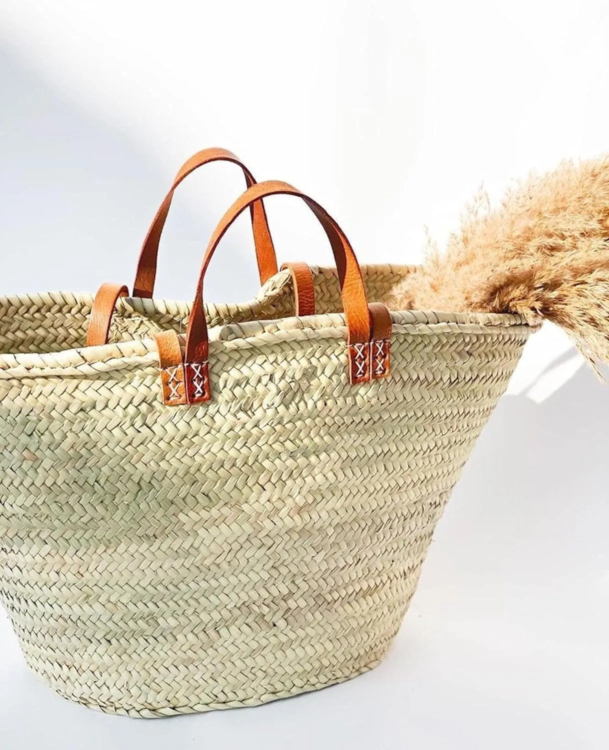 FRENCH MARKET BASKET with double flat leather handles, straw bag, beach bag, basket bag, shopping basket,with handle (Large, Dark Brown)