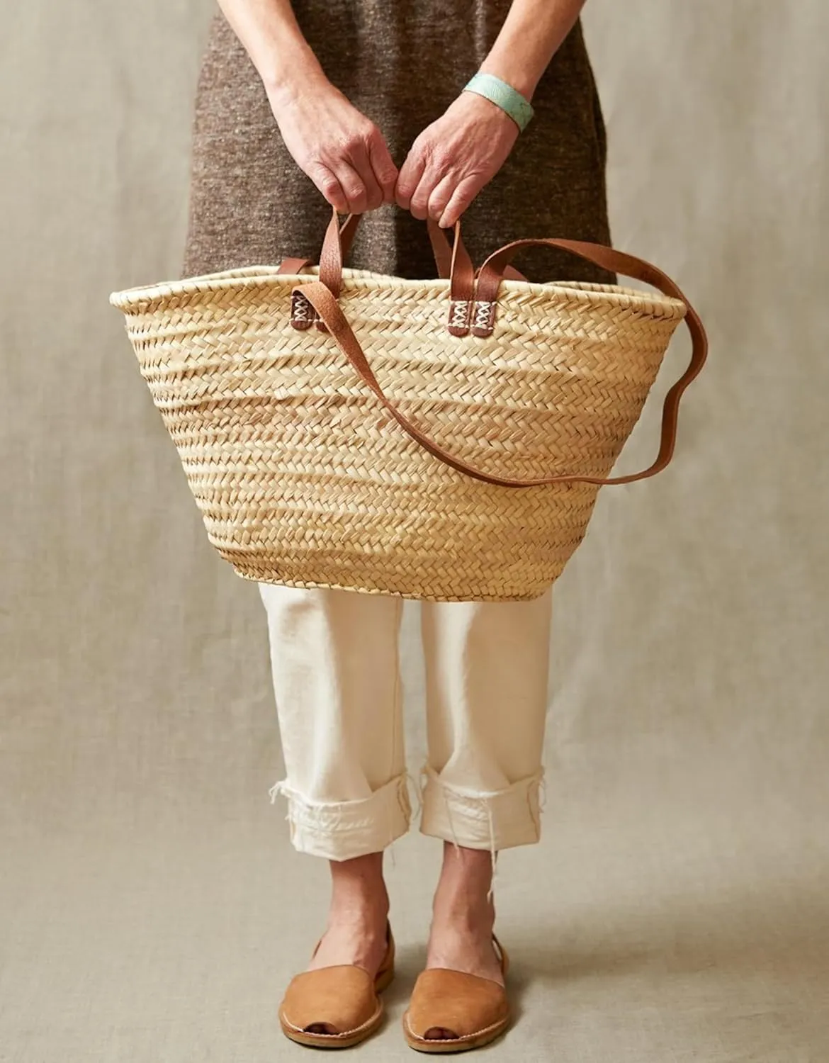 FRENCH MARKET BASKET with double flat leather handles, straw bag, beach bag, basket bag, shopping basket,with handle (Large, Dark Brown)
