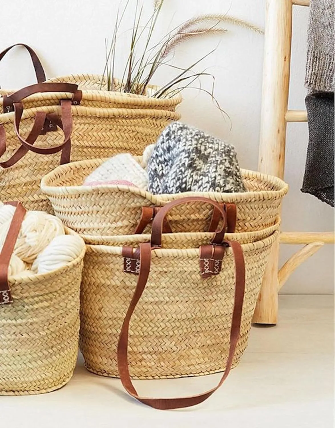FRENCH MARKET BASKET with double flat leather handles, straw bag, beach bag, basket bag, shopping basket,with handle (Large, Dark Brown)