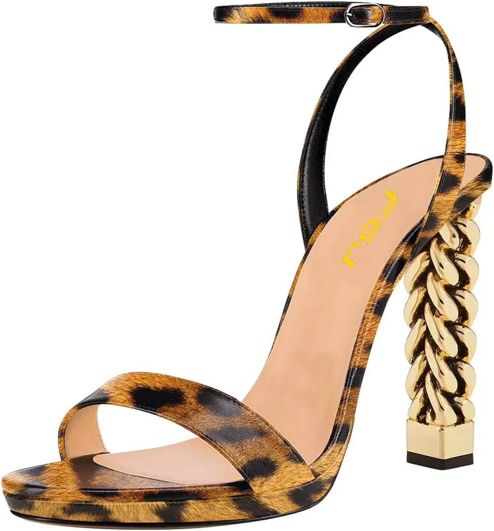 FSJ Women Gold Metal Chain Thick High Heel Sandals Open Toe Strappy Ankle Buckle Strap Slingback Comfy Summer Dress Shoes Silver Black 4-15 US