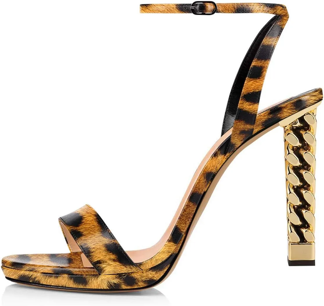 FSJ Women Gold Metal Chain Thick High Heel Sandals Open Toe Strappy Ankle Buckle Strap Slingback Comfy Summer Dress Shoes Silver Black 4-15 US