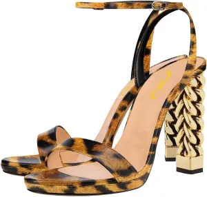 FSJ Women Gold Metal Chain Thick High Heel Sandals Open Toe Strappy Ankle Buckle Strap Slingback Comfy Summer Dress Shoes Silver Black 4-15 US