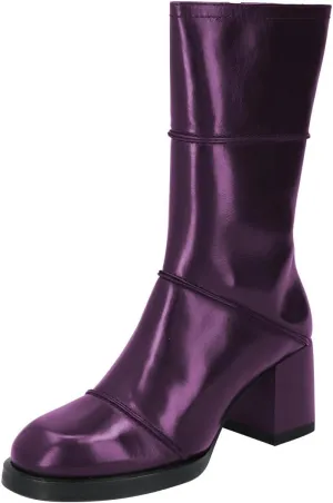 FSJ Women Round Toe Mid Calf Boots Chunky Block Low Heel Splice Leather with Stitches Side Zipper Versatile Booties Shoes Size 4-16 US