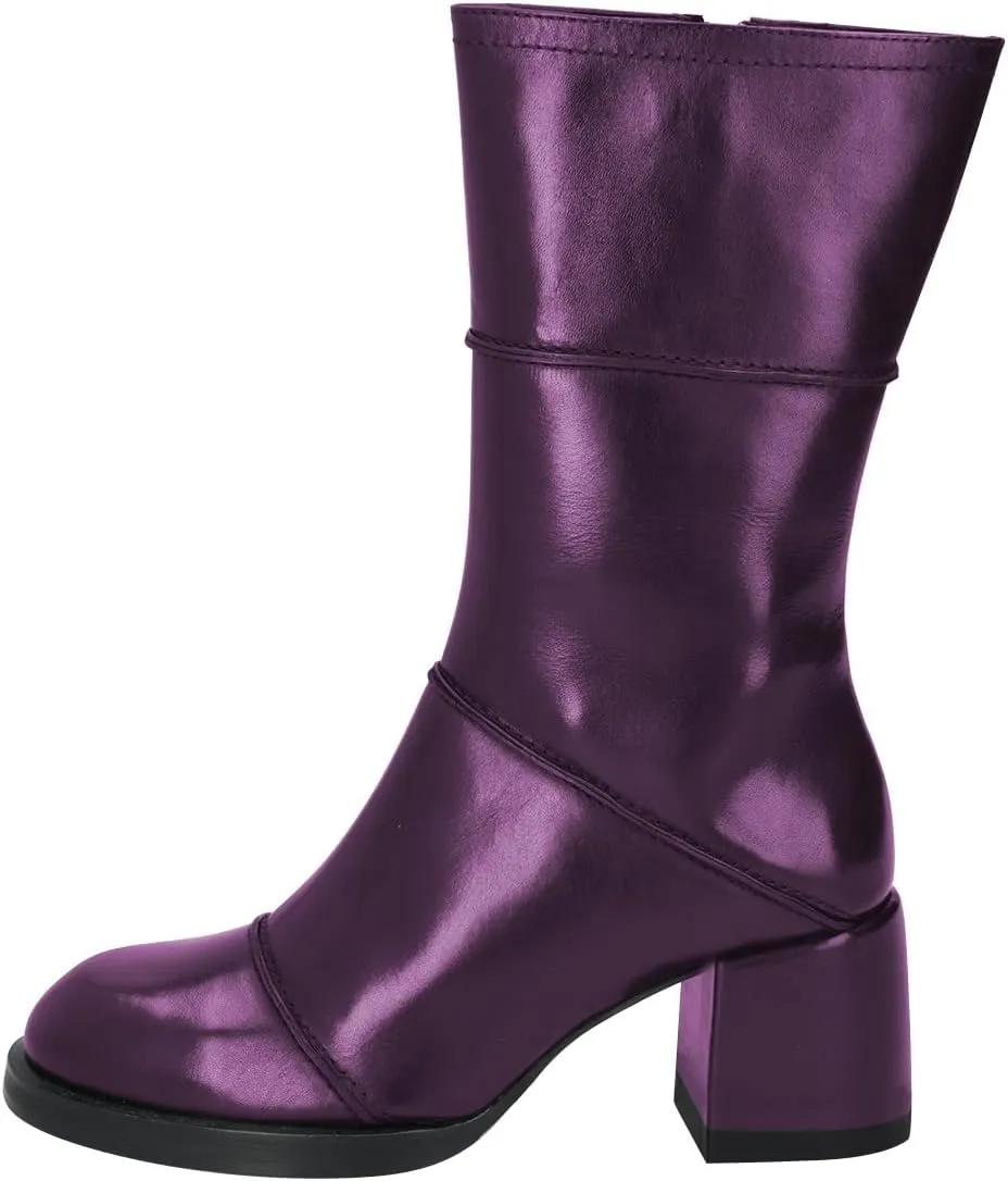 FSJ Women Round Toe Mid Calf Boots Chunky Block Low Heel Splice Leather with Stitches Side Zipper Versatile Booties Shoes Size 4-16 US