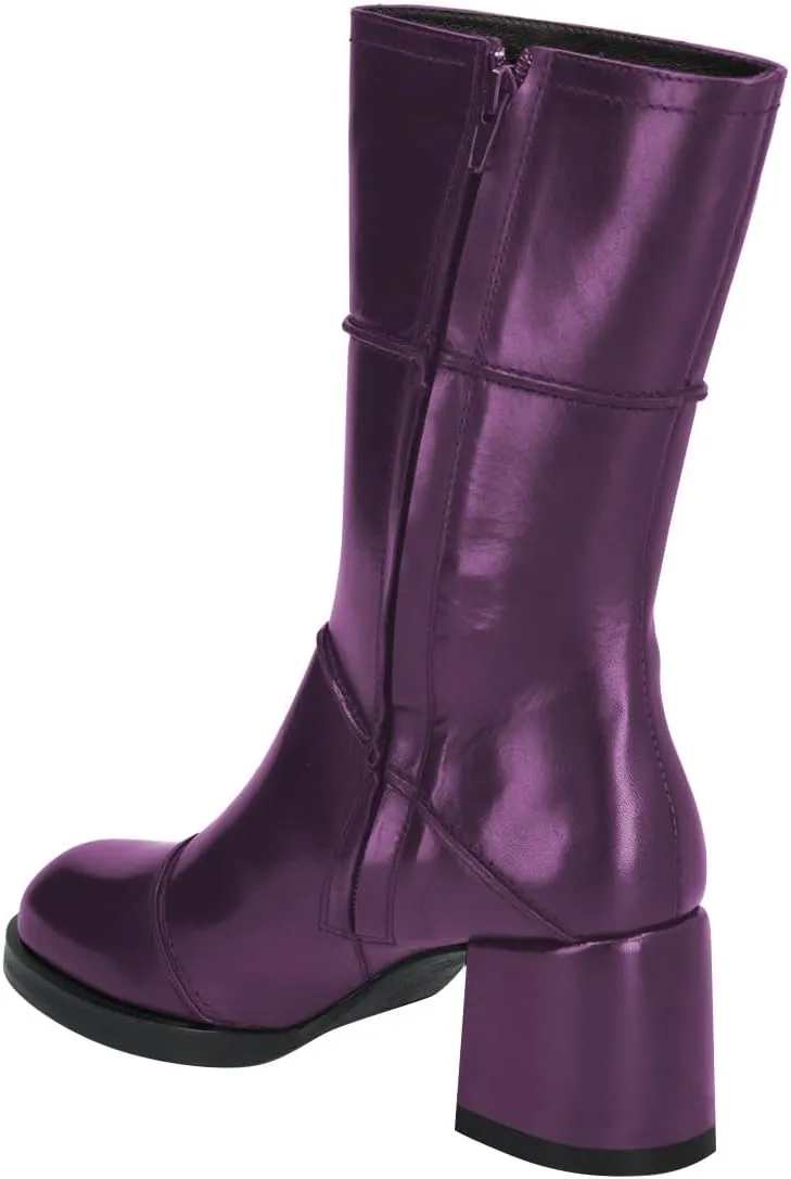 FSJ Women Round Toe Mid Calf Boots Chunky Block Low Heel Splice Leather with Stitches Side Zipper Versatile Booties Shoes Size 4-16 US