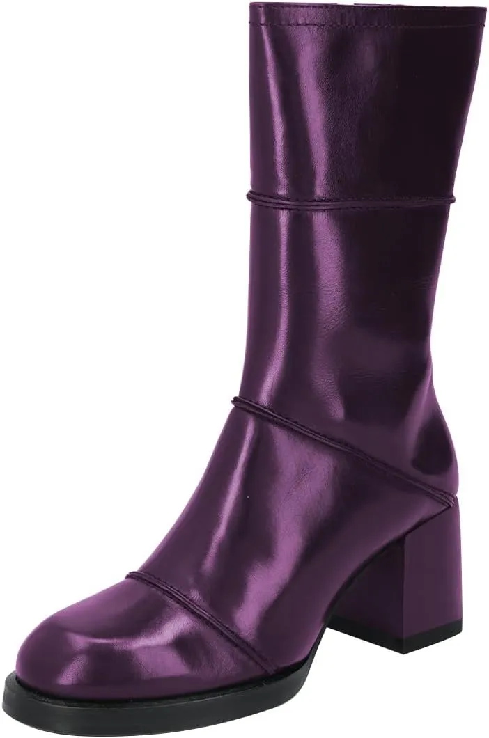 FSJ Women Round Toe Mid Calf Boots Chunky Block Low Heel Splice Leather with Stitches Side Zipper Versatile Booties Shoes Size 4-16 US