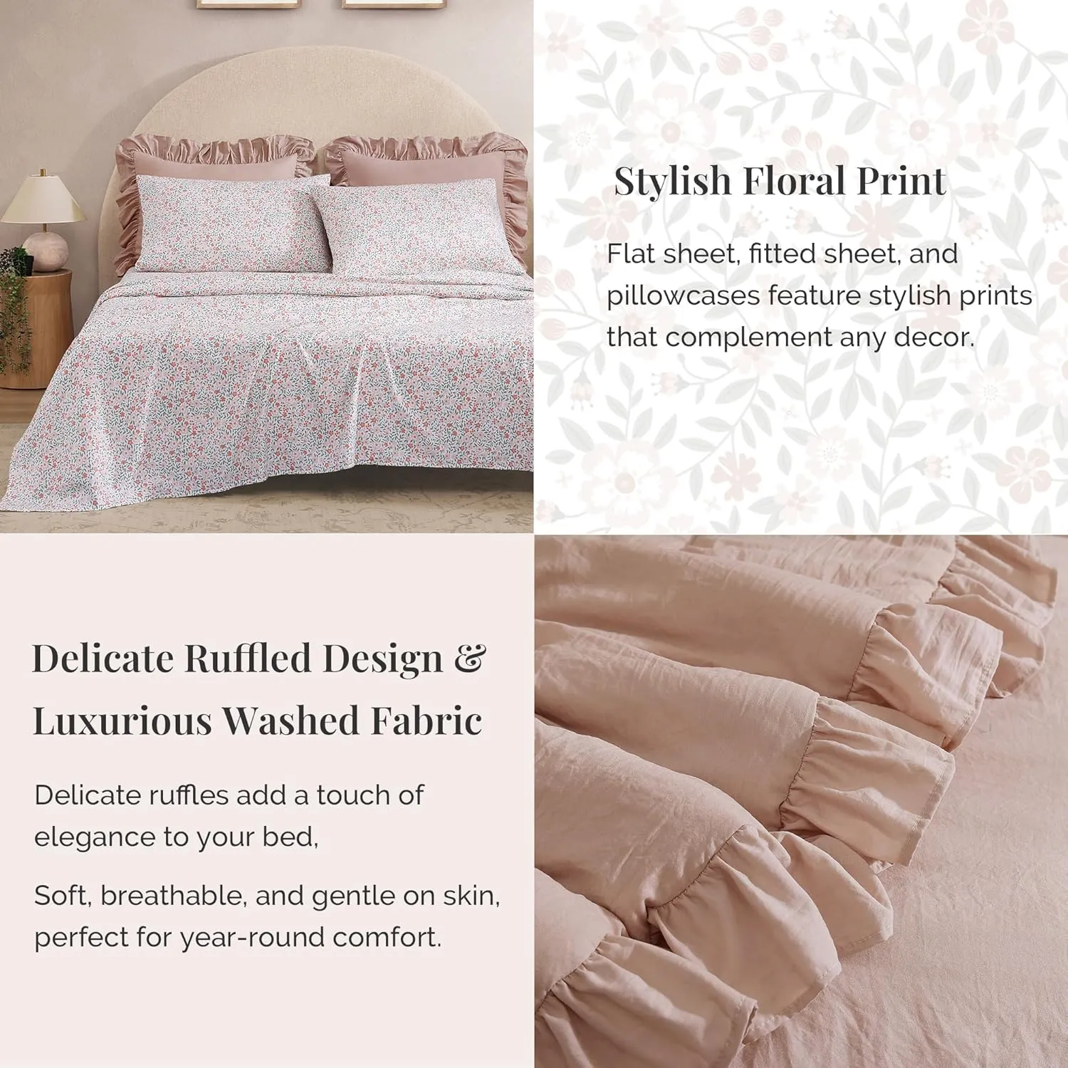 Full Comforter Set - 7 Pieces Ruffle Pink Bedding Sets, Shabby Chic Farmhouse Bed in a Bag Full with Ruffle Comforter, Floral Sheets, Pillowcases & Shams